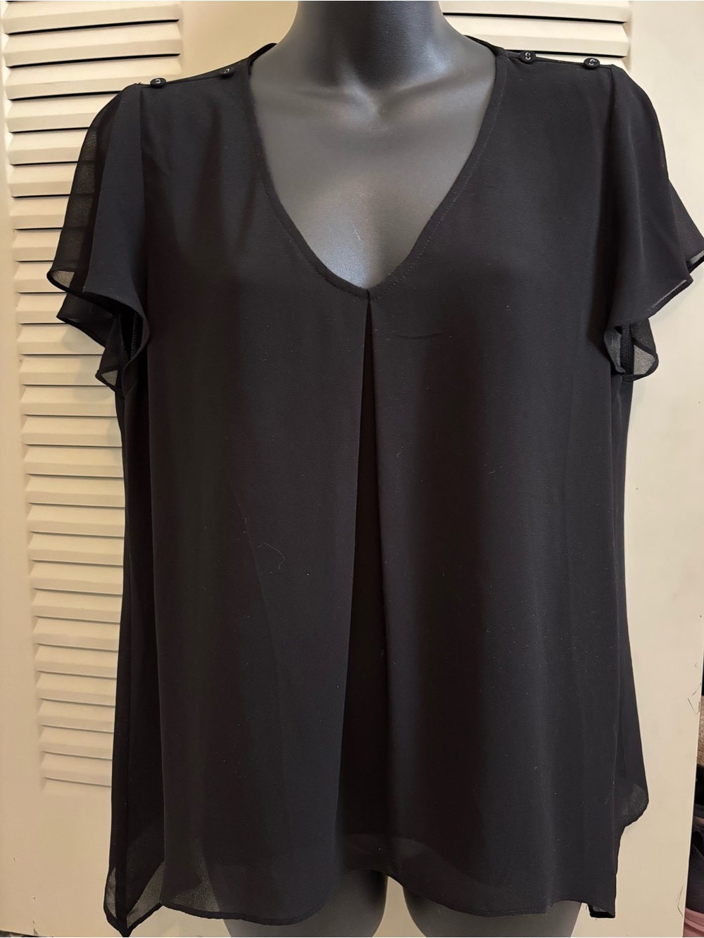 Naked Zebra Semi-Sheer Black V-Neck Flutter Sleeve Top